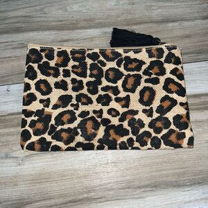 The Royal Standard Burlap Leopard Zipper Cosmetic Bag Brown And Black Tasseled